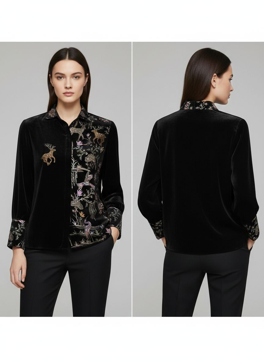 Black Velvet Embellished Shirt - Image 2