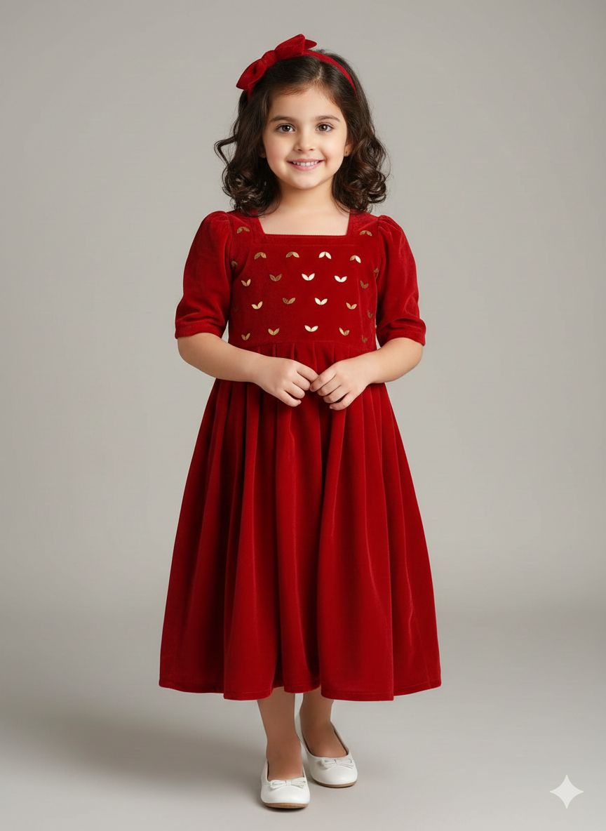 Royal Crimson Velvet Elegance Girls Dress