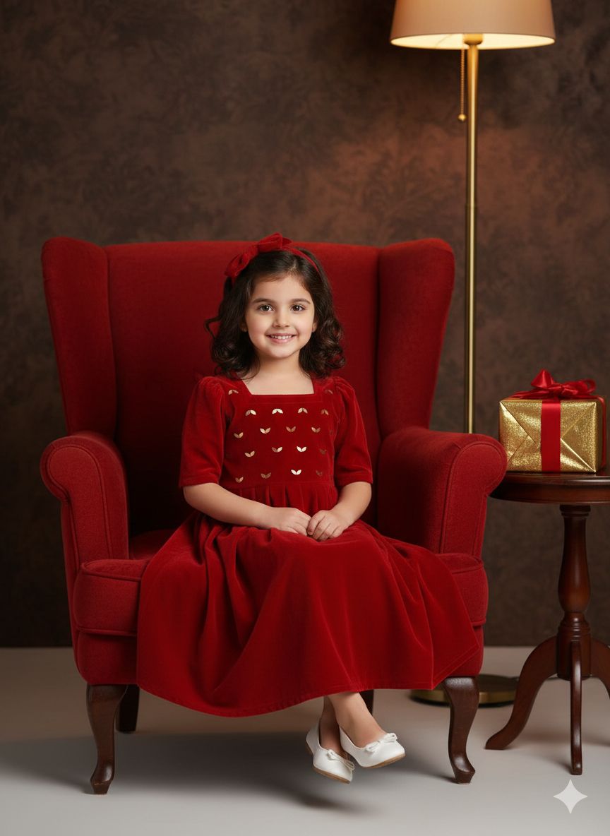 Royal Crimson Velvet Elegance Girls Dress - Image 2