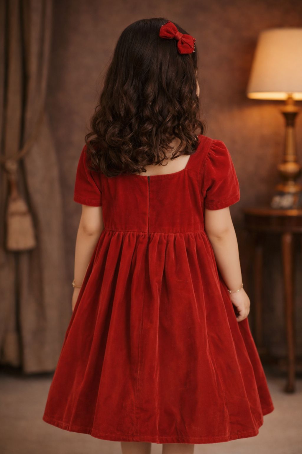 Royal Crimson Velvet Elegance Girls Dress - Image 3