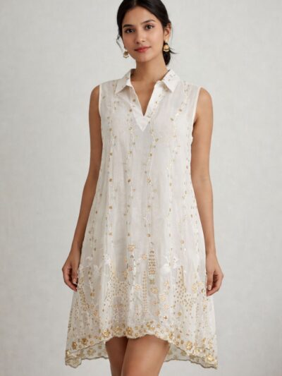 Ivory Aura Sheer Gold Embroidered Kurti