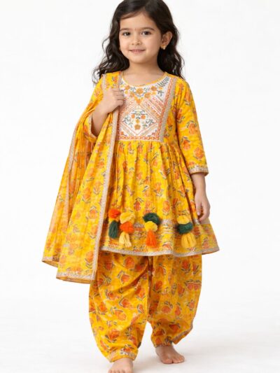 Girls Yellow Festive Ethnic Kurta Set