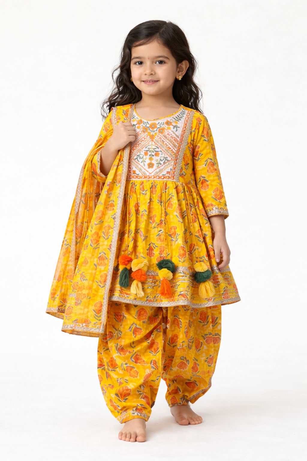 Girls Yellow Festive Ethnic Kurta Set